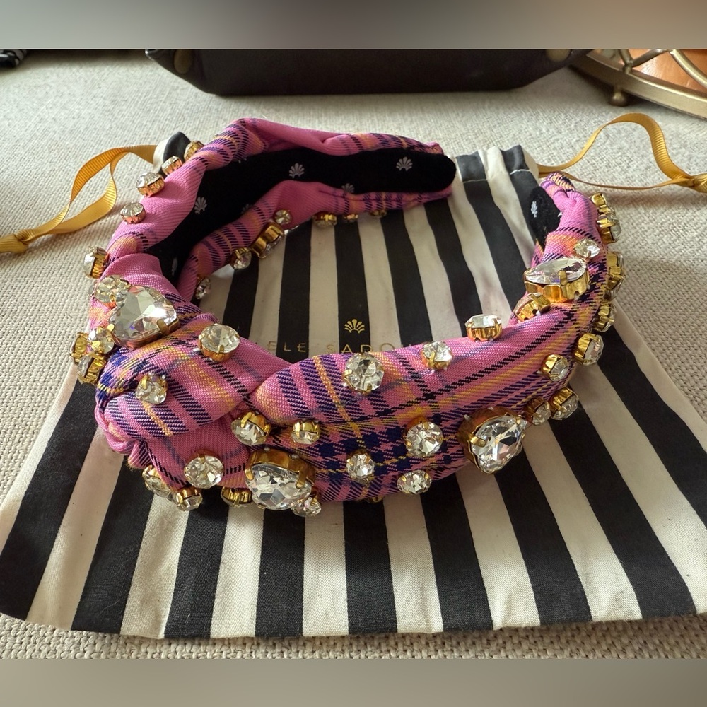 Lele Sadoughi Heart Mixed Crystal Knotted Headband in Pink Plaid